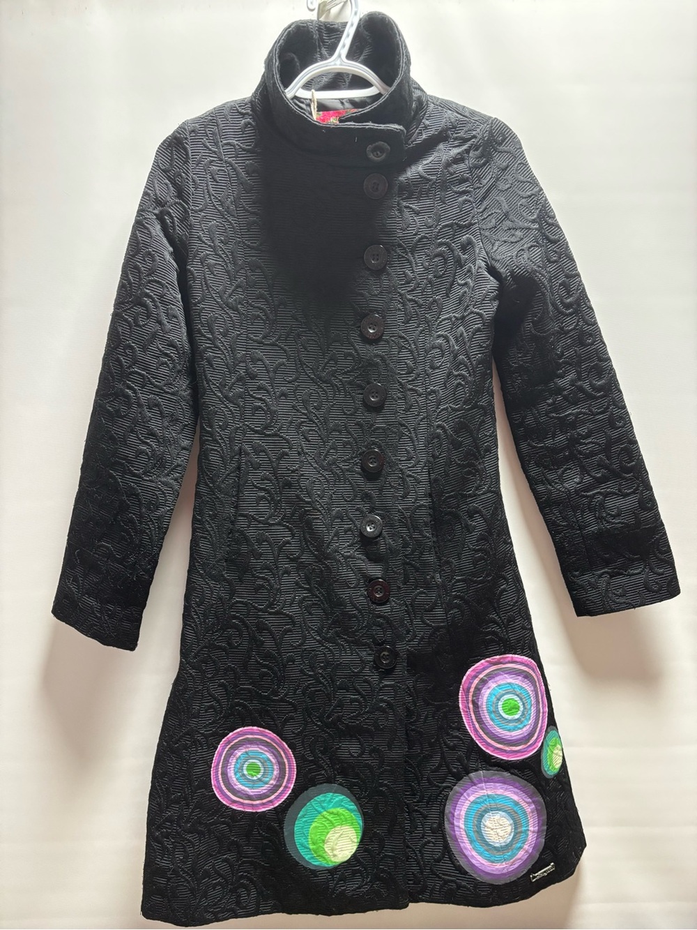 Desigual Black Embroidered Trench Coat with Colorful Circle Appliqués
